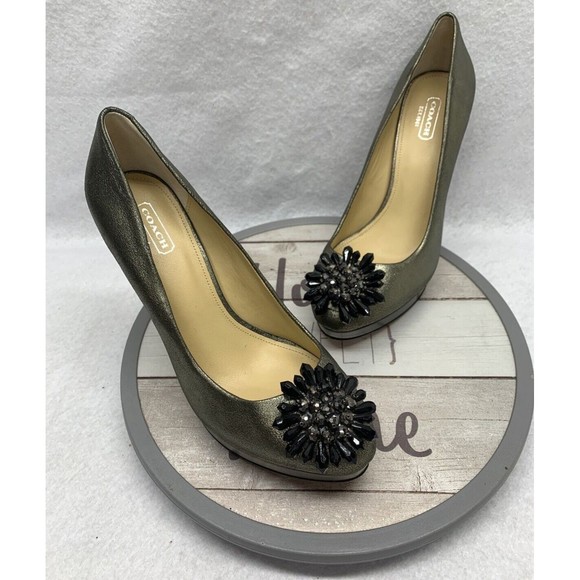 Coach Shoes Pumps Heels Bergen Soft Crackled Leather Green Women's Size 8.5B - Picture 1 of 15